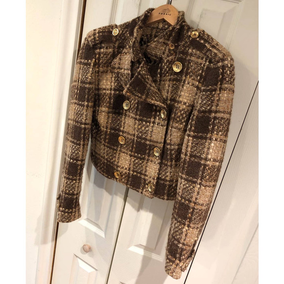 RARE Vtg Dolce & Gabbana Cropped Brown Plaid Double Breasted Chunky Tweed Jacket - Picture 3 of 12